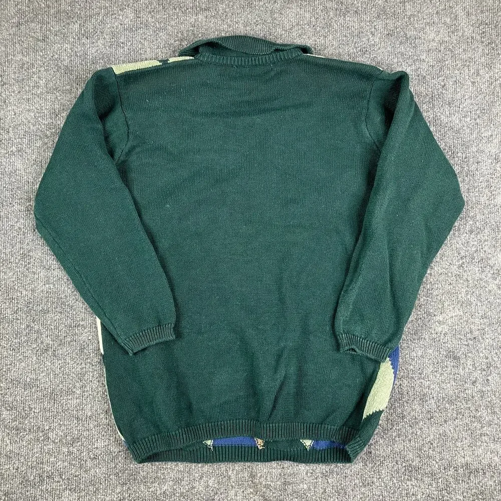 Alfred Dunner Sweater Womens Medium Green Blue Argyle Knit Collared‎ Preppy Warm